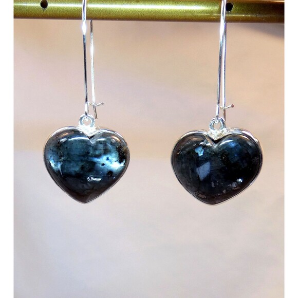 Natural Larvikite Black Moonstone Sterling Silver Earrings Heart Shaped Handmade - Picture 2 of 6